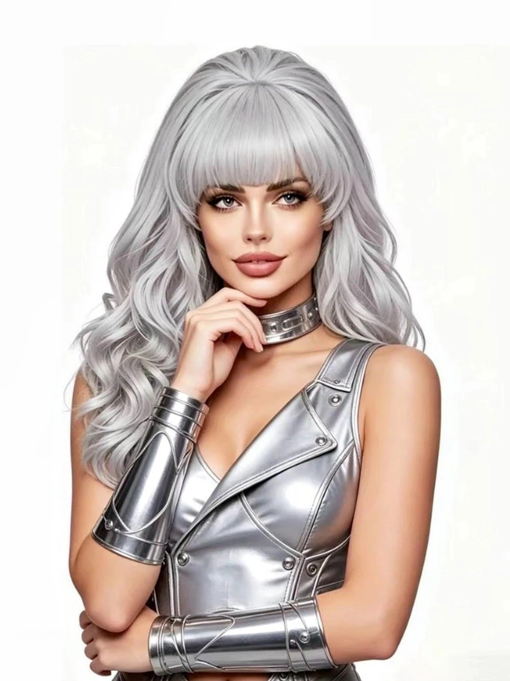 New Retro Long Wavy Silver Gray Beehive Bouffant Wig with Bangs Cosplay Costume